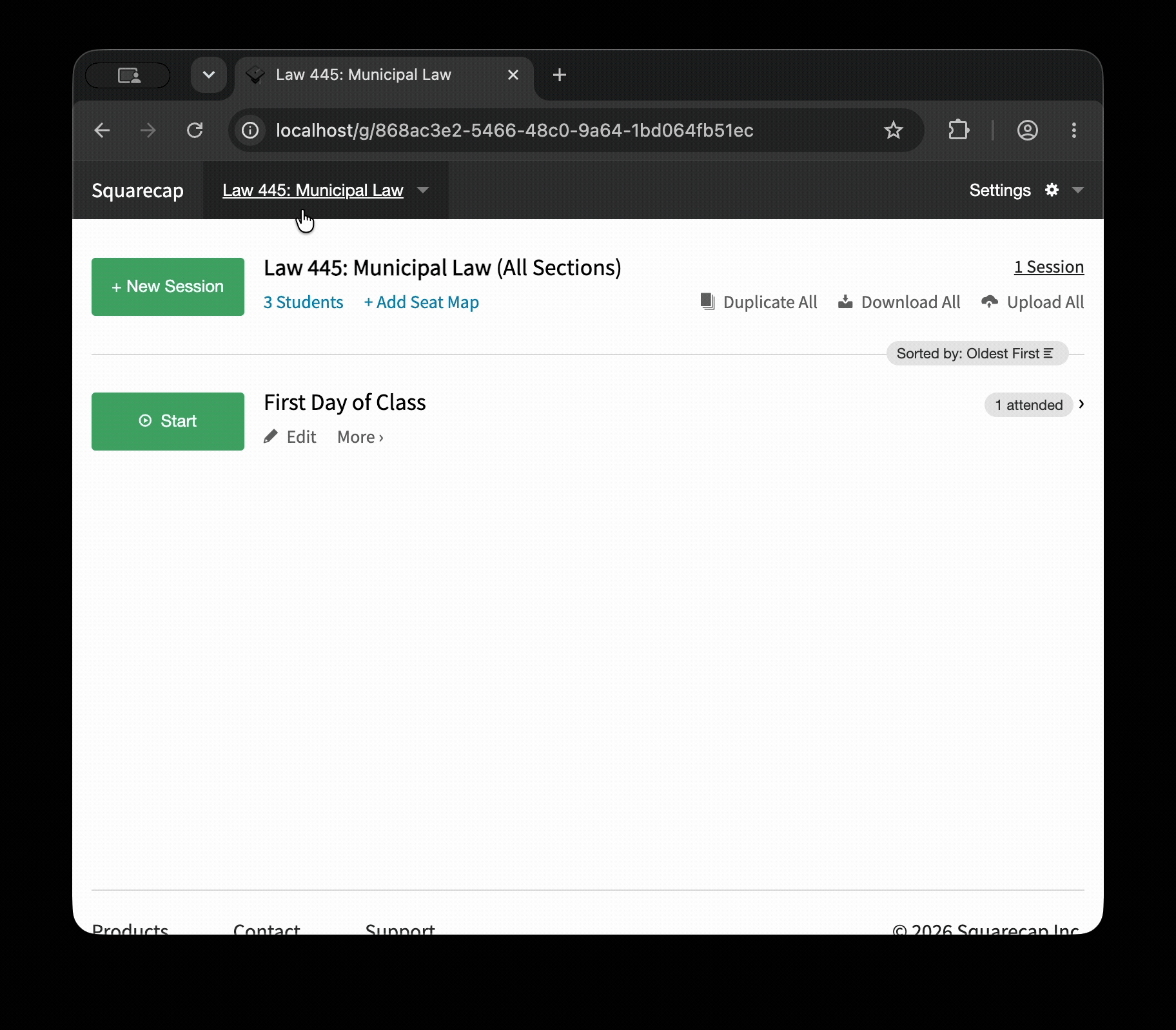 A gif of a user clicking into the navigation menu, then clicking a section within their course, then clicking Start on the first session in view.